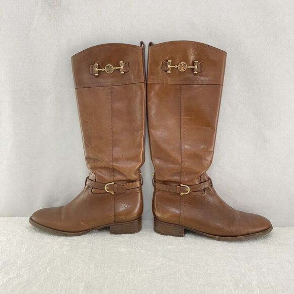$495 TORY BURCH Nadine BROWN LEATHER Horse Bit Equestrian BOOTS Size 11 #5207 - Picture 1 of 16